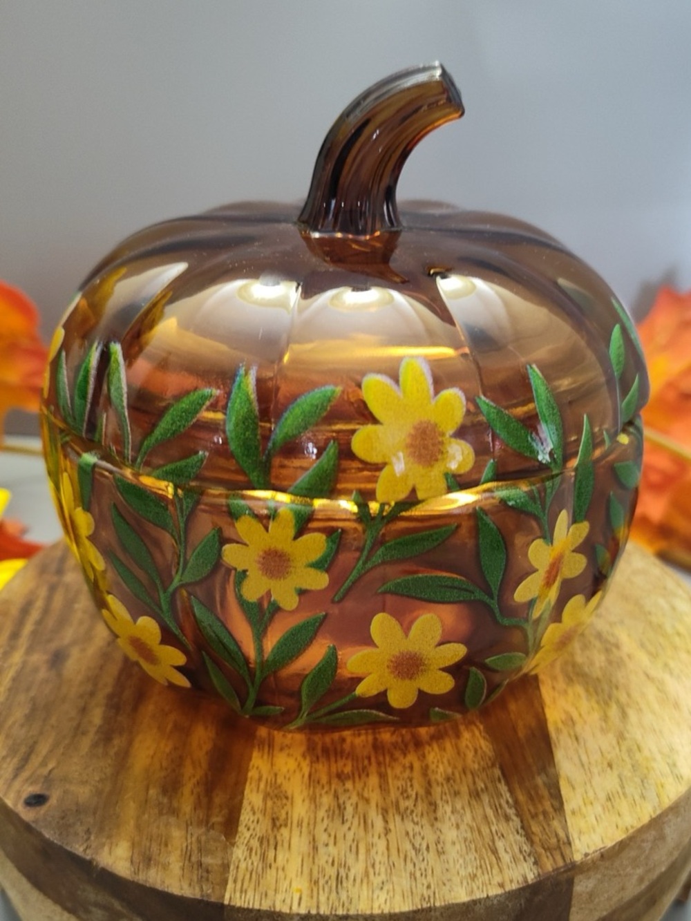 Amber Glass Pumpkin Trinket Jar Floral Fall Decor - Picture 2 of 6